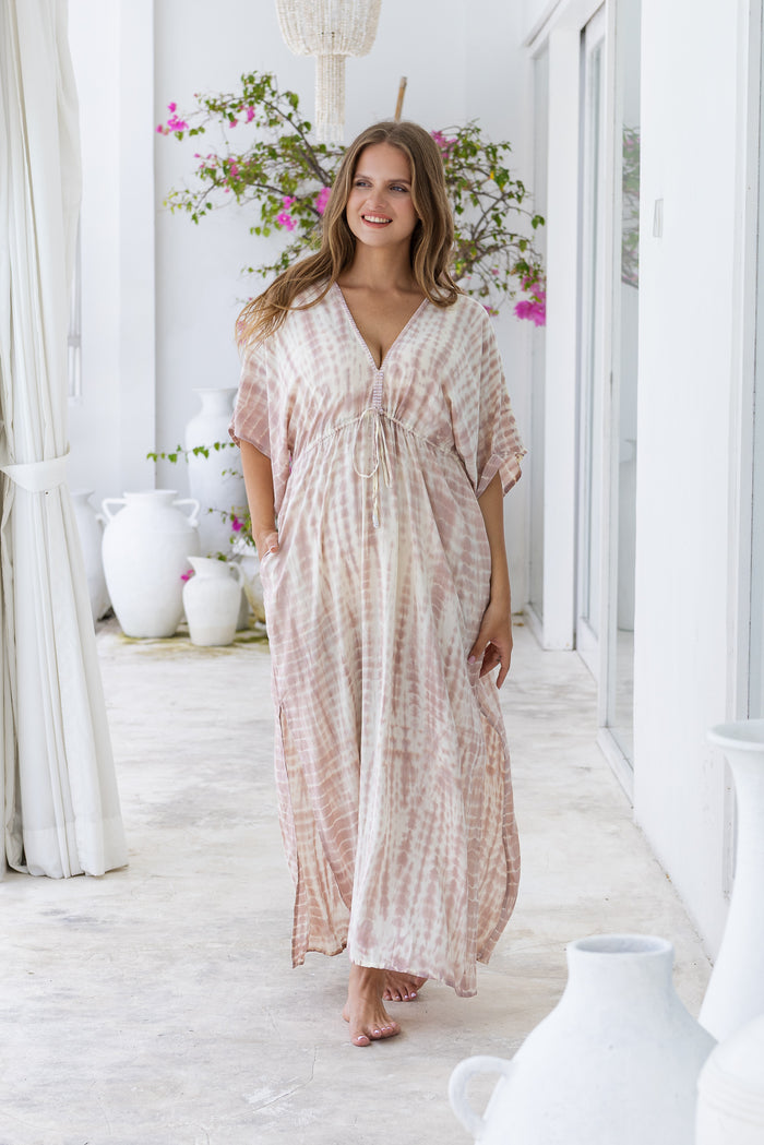Womens Palmira Maxi Dress in is pink and cream tie dye finish, in soft lightweight rayon, with side splits, pockets and hand beaded detailing. Plus size fit.