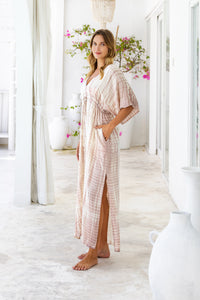 Womens Palmira Maxi Dress in is pink and cream tie dye finish, in soft lightweight rayon, with side splits, pockets and hand beaded detailing.