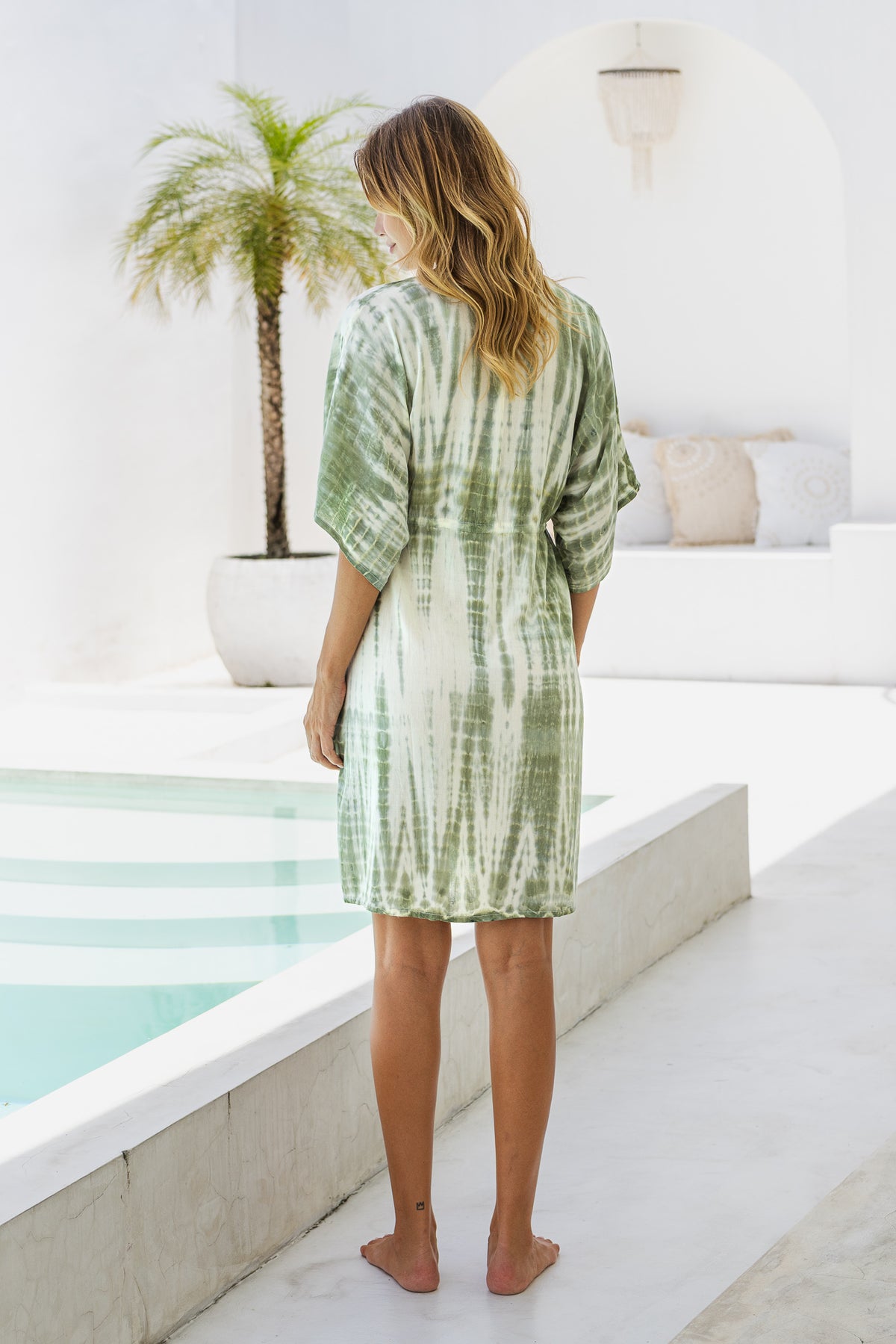 Womens Palmira short Dress in green and cream tie dye finish, in soft lightweight rayon with pockets and hand beaded detailing.