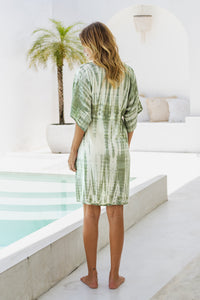 Womens Palmira short Dress in green and cream tie dye finish, in soft lightweight rayon with pockets and hand beaded detailing.