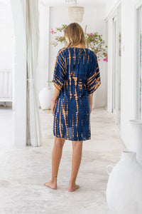 Womens Palmira short Dress in navy and copper tie dye finish, in soft lightweight rayon with pockets and hand beaded detailing.