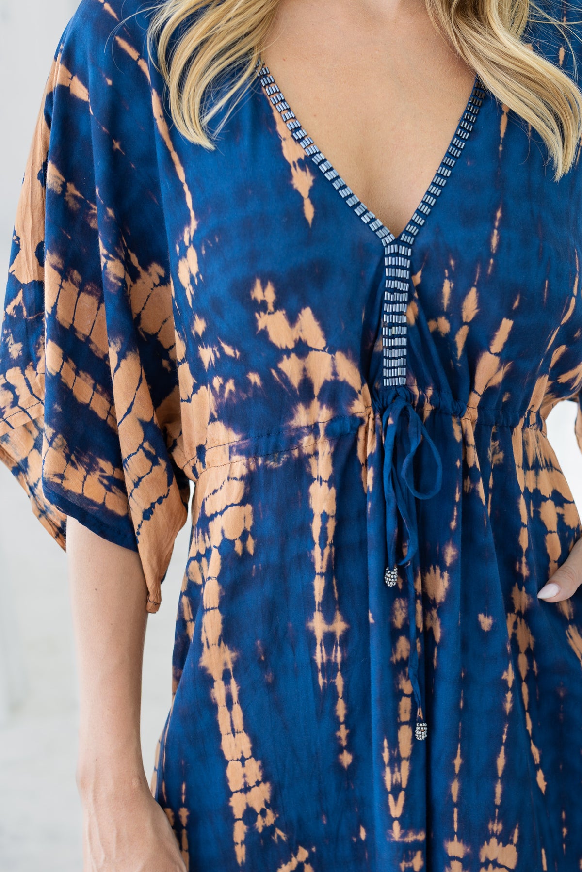 Womens Palmira short Dress in navy and copper tie dye finish, in soft lightweight rayon with pockets and hand beaded detailing.