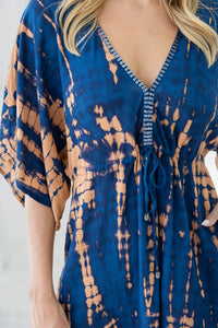 Womens Palmira short Dress in navy and copper tie dye finish, in soft lightweight rayon with pockets and hand beaded detailing.