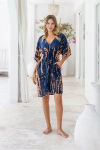 Womens Palmira short Dress in navy and copper tie dye finish, in soft lightweight rayon with pockets and hand beaded detailing.