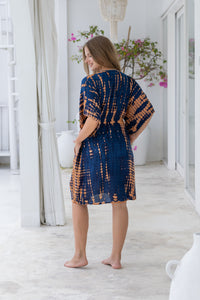 Womens Palmira short Dress in navy and copper tie dye finish, in soft lightweight rayon with pockets and hand beaded detailing. Plus size fit.