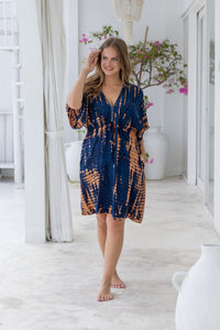 Womens Palmira short Dress in navy and copper tie dye finish, in soft lightweight rayon with pockets and hand beaded detailing. Plus size fit.