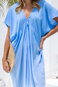 Womens Sadie ombré boho kaftan dress in blue. Handmade in Bali in soft lightweight rayon with hand beaded details. 