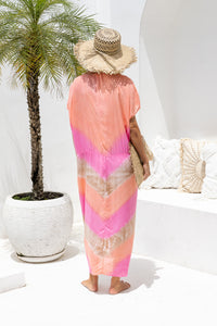 Womens Sadie tie dye boho kaftan dress in pink. Handmade in Bali in soft lightweight rayon with hand beaded details. 