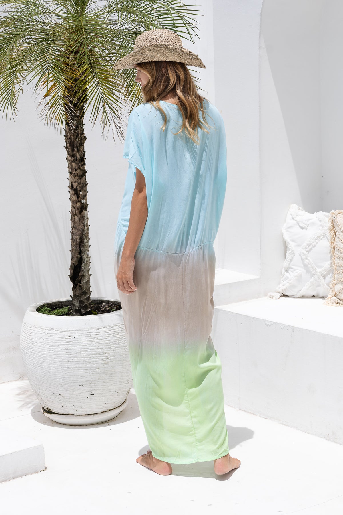 Womens Sadie ombré boho kaftan dress in turquoise. Handmade in Bali in soft lightweight rayon with hand beaded details. 