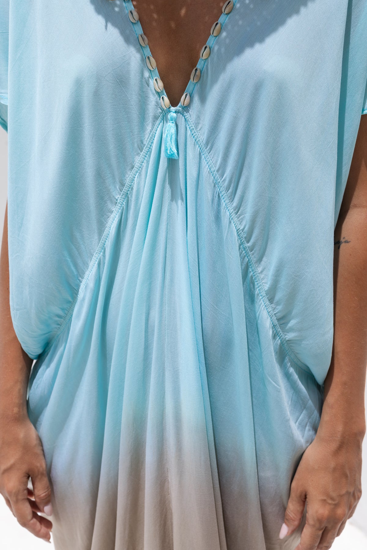 Womens Sadie ombré boho kaftan dress in turquoise. Handmade in Bali in soft lightweight rayon with hand beaded details. 