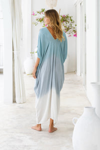 Womens Safia ombré boho kaftan dress in bue. Soft lightweight rayon with hand beaded details. 