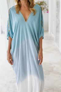 Womens Safia ombré boho kaftan dress in bue. Soft lightweight rayon with hand beaded details. 