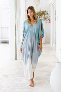 Womens Safia ombré boho kaftan dress in bue. Soft lightweight rayon with hand beaded details. 