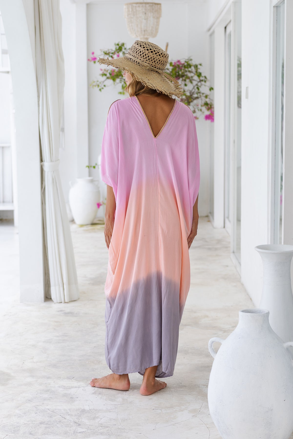 Womens Safia ombré boho kaftan dress in pink. Soft lightweight rayon with hand beaded details. 