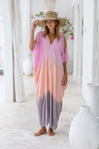 Womens Safia ombré boho kaftan dress in pink. Soft lightweight rayon with hand beaded details. 