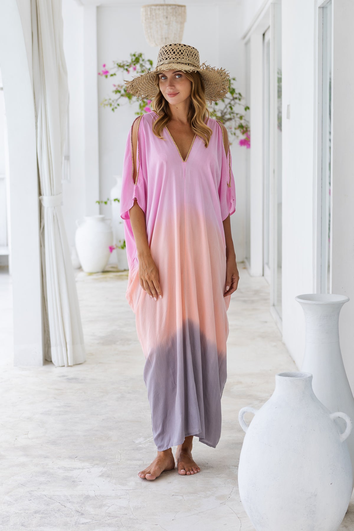 Womens Safia ombré boho kaftan dress in pink. Soft lightweight rayon with hand beaded details. 