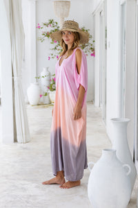 Womens Safia ombré boho kaftan dress in pink. Soft lightweight rayon with hand beaded details. 