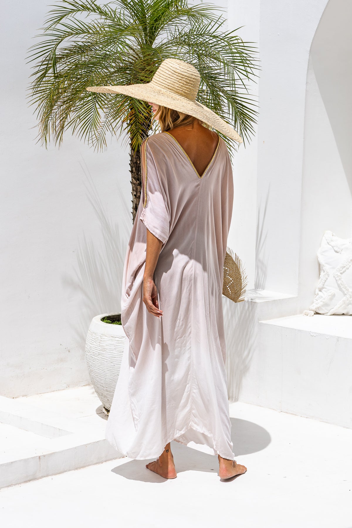 Womens Safia ombré boho kaftan dress in powder. Soft lightweight rayon with hand beaded details. 