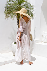 Womens Safia ombré boho kaftan dress in powder. Soft lightweight rayon with hand beaded details. 