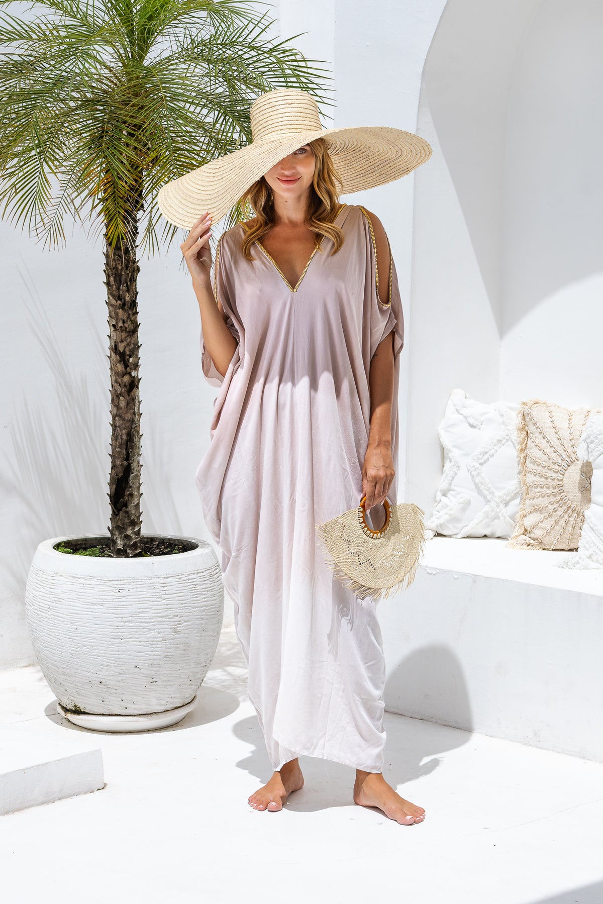 Womens Safia ombré boho kaftan dress in powder. Soft lightweight rayon with hand beaded details. 
