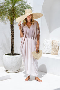 Womens Safia ombré boho kaftan dress in powder. Soft lightweight rayon with hand beaded details. 