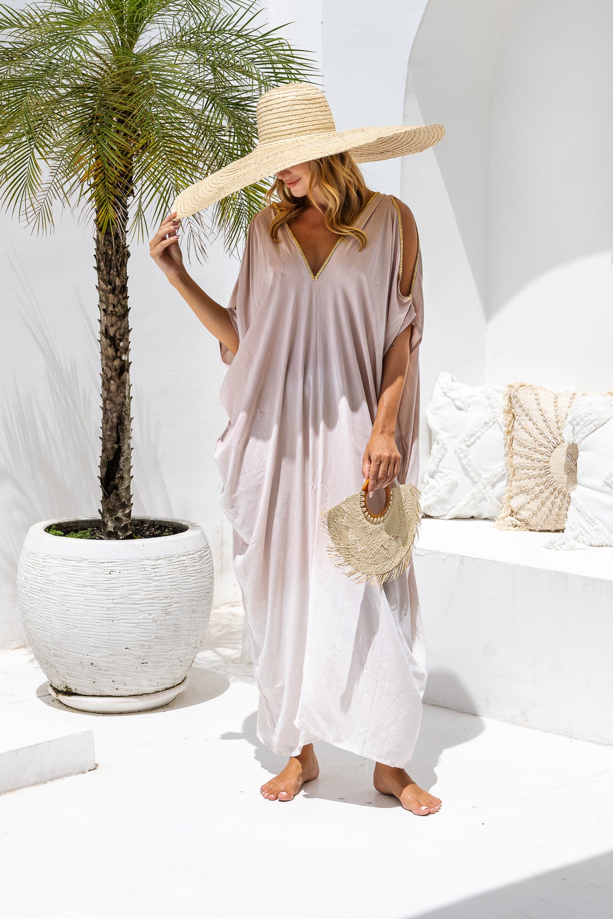 Womens Safia ombré boho kaftan dress in powder. Soft lightweight rayon with hand beaded details. 