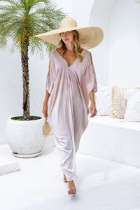 Womens Safia ombré boho kaftan dress in powder. Soft lightweight rayon with hand beaded details. 