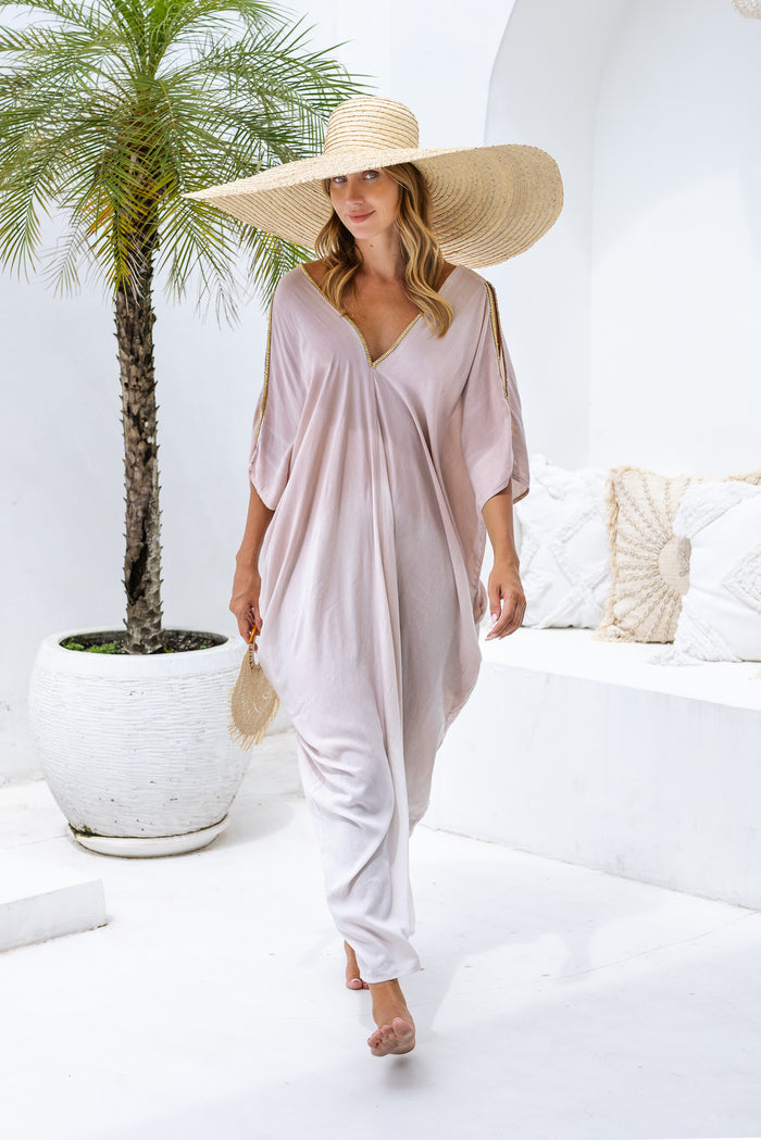 Womens Safia ombré boho kaftan dress in powder. Soft lightweight rayon with hand beaded details. 