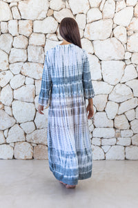 Womens super soft, lightweight, tunic style long length tie dye dress in light grey featuring 3/4 length trumpet sleeves and side pockets