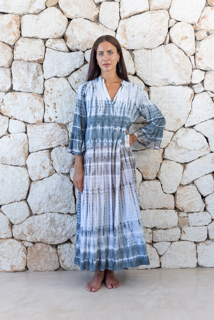 Womens super soft, lightweight, tunic style long length tie dye dress in light grey featuring 3/4 length trumpet sleeves and side pockets