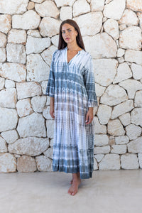 Womens super soft, lightweight, tunic style long length tie dye dress in light grey featuring 3/4 length trumpet sleeves and side pockets