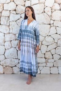 Womens super soft, lightweight, tunic style long length tie dye dress in light grey featuring 3/4 length trumpet sleeves and side pockets