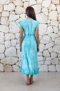 Womens super soft, lightweight, midi length tie dye dress in aqua blue featuring a ruffle detail and self tie fastening 